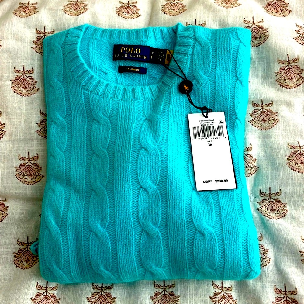 Polo Ralph Lauren Cable Cashmere Sweater Turquoise Size Small